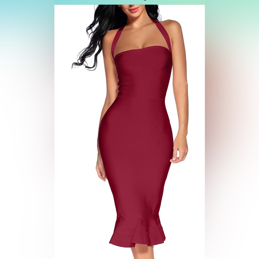 Houstil Women's V Neck Halter Fishtail Bandage Bodycon Dress New Size XL